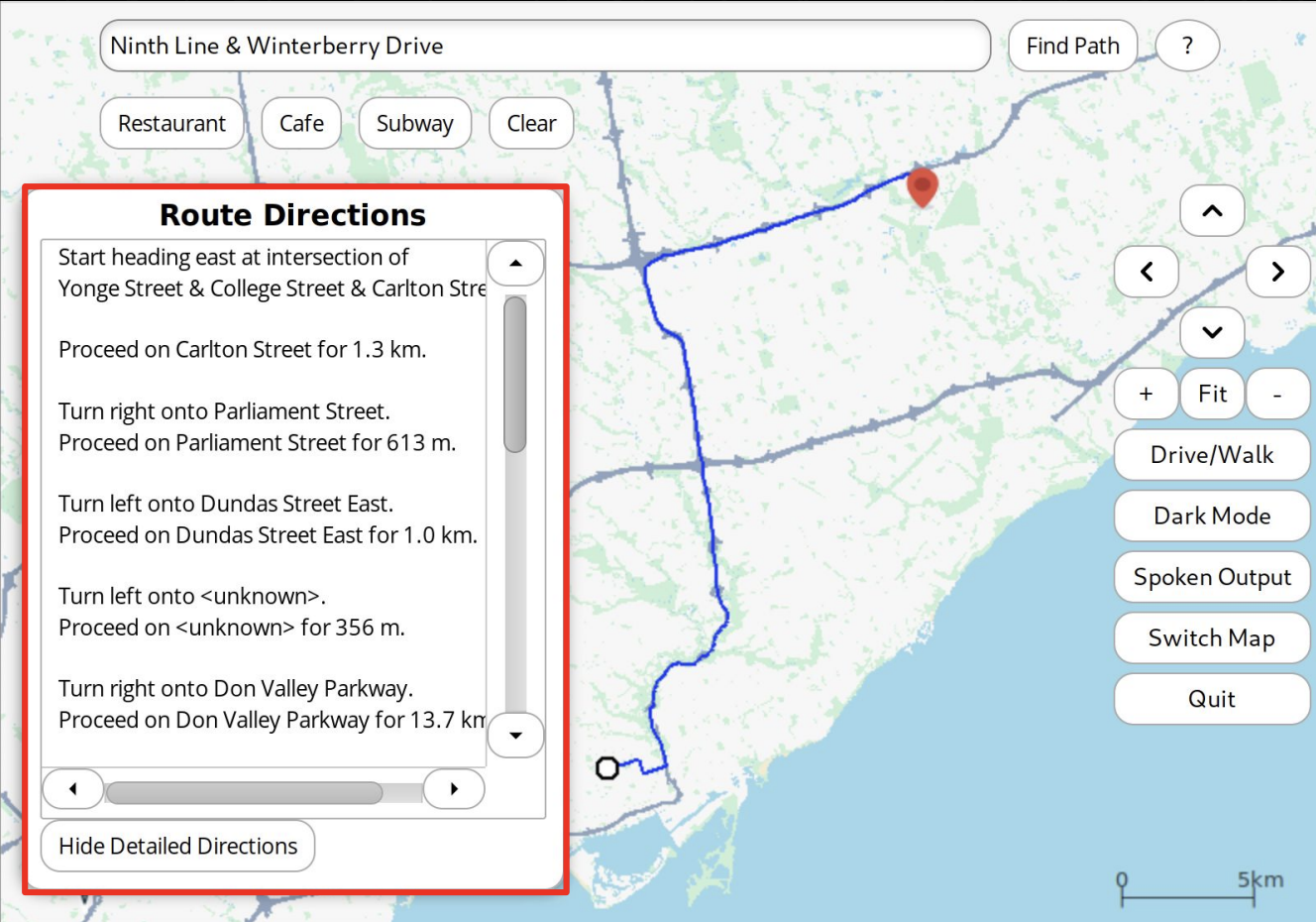 Figure 2. Navigation with route details highlighted in red.